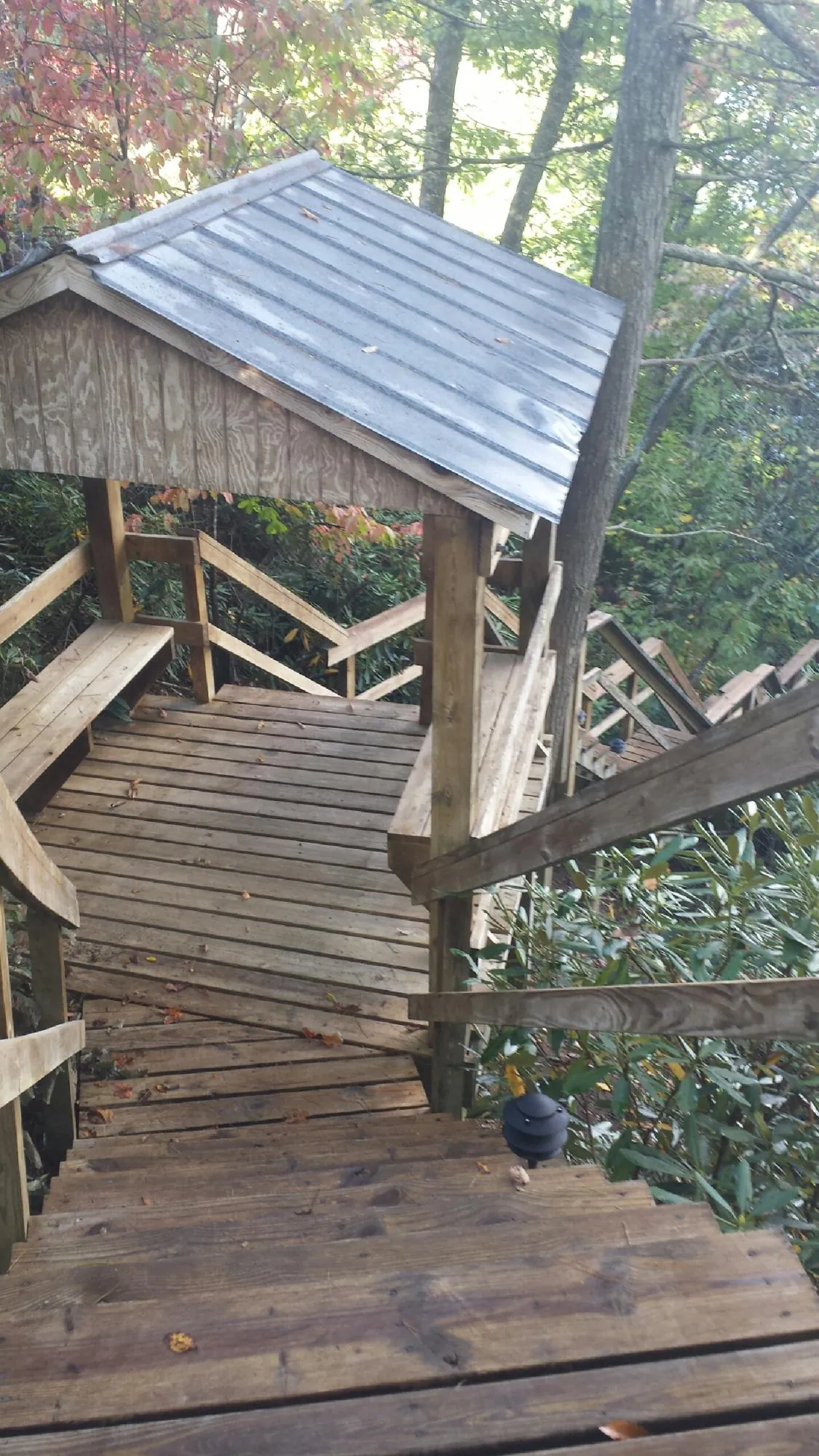 Metal roofed shelter over wooden steps on a wooded walkway — Skylight Repair & Installation work by our crew in Custer